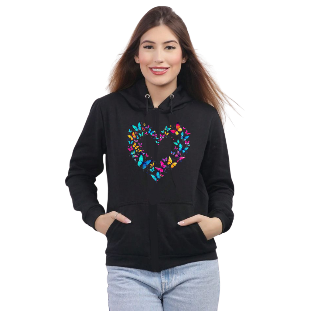 Moletom Blusa De Frio Feminino Mulher Coração Borboleta Colorido Estampada Blusa Quente Flanelado Algodão Outono