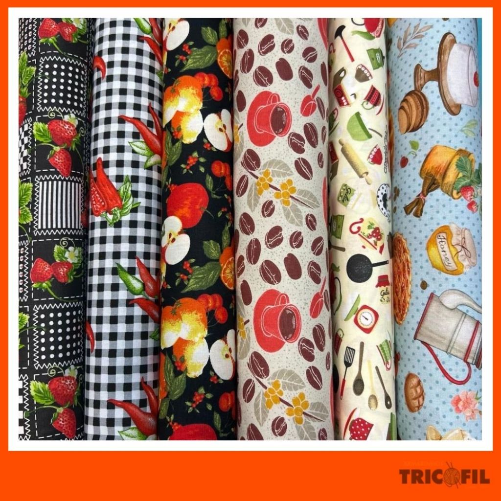 Tecido Estampas Cozinha - Comidas Bebidas Doce Café | Tricoline 100% Algodão (40x75cm)