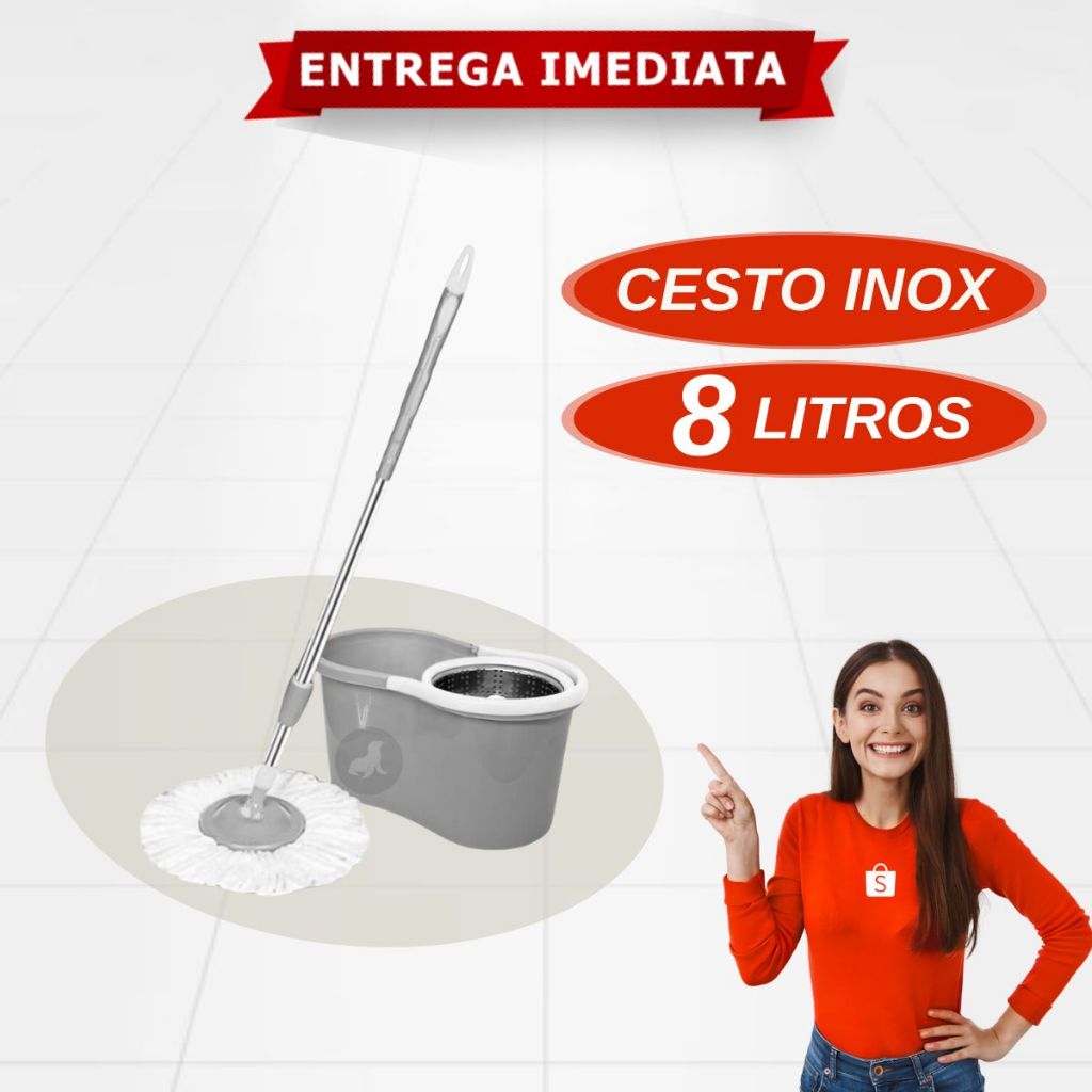 Balde Esfregão Giratório Inox Mop Pro Fit Limpeza Geral