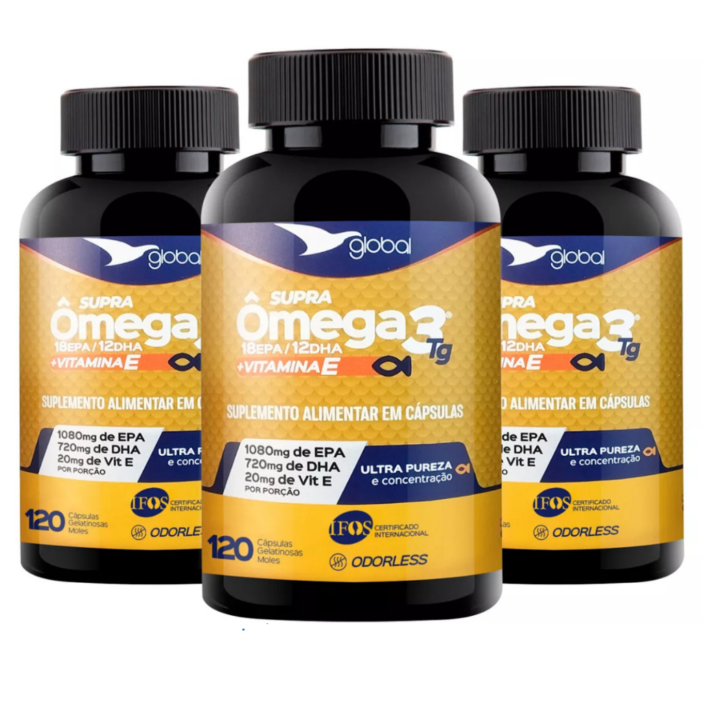 Kit 3 Suplemento Alimentar Supra Ômega 3 TG 18 EPA 12 DHA + Vit E Global 120 Cápsulas - Selo IFOS