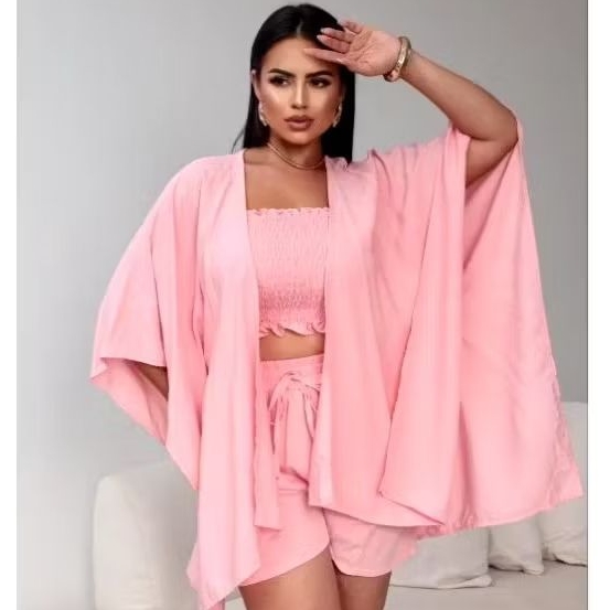 kimono feminino 3 peças cropped+short+ kimono cardigan em Oferta na Shopee