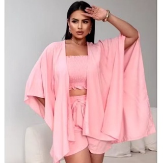 kimono feminino 3 peças cropped+short+ kimono cardigan em Oferta na Shopee