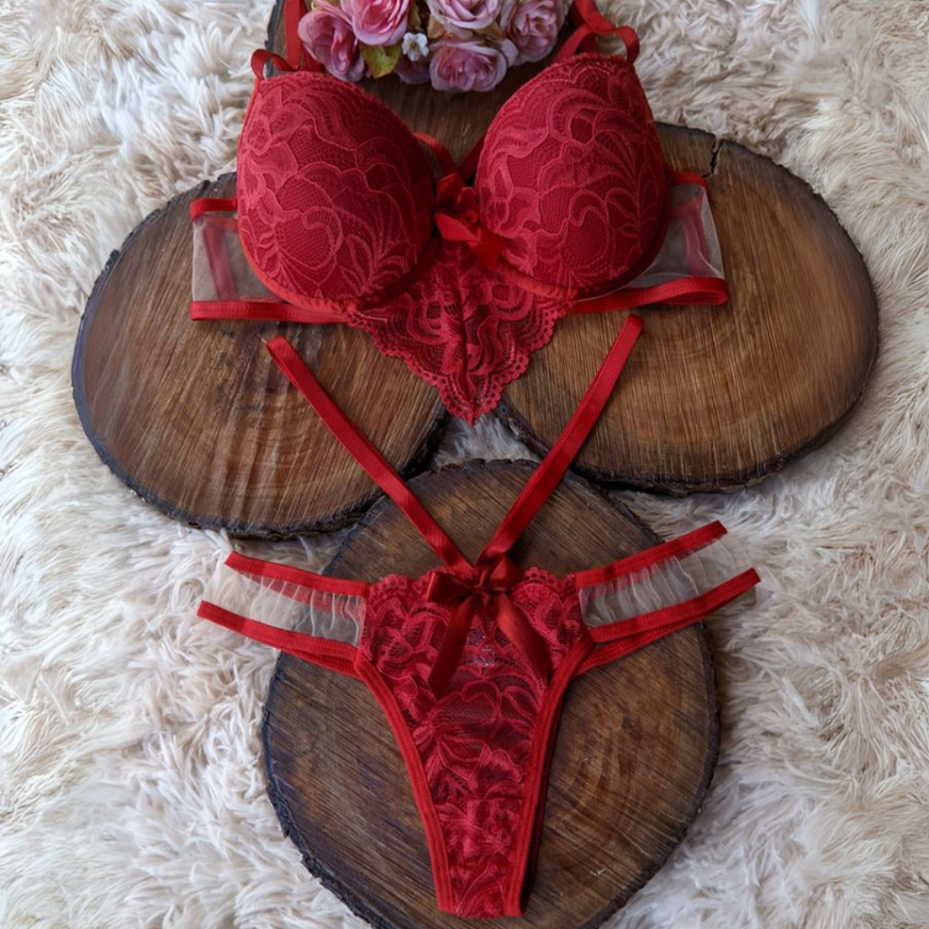 Conjunto Calcinha e Sutiã Com Bojo Sensual Fio Dental Com Transparência Lingerie em Oferta na Shopee