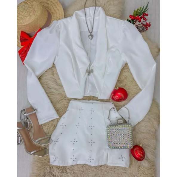 CONJUNTO ALFAIATARIA FEMININA SAIA CON SHORT CON DETALHE DE STRASS + MINI BLAZER em Oferta na Shopee