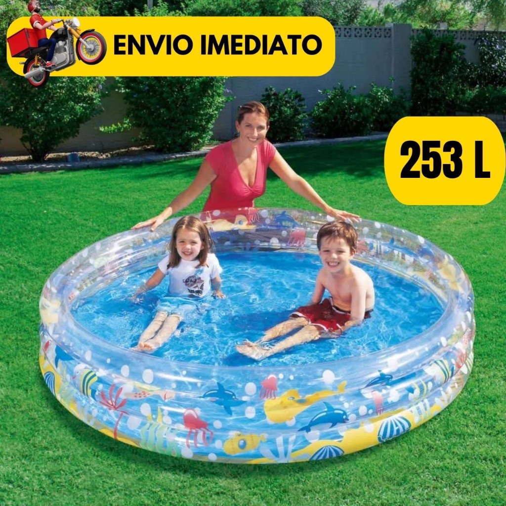 ￼Piscina Inflável Infantil 3 Anéis Transparente 253 Litros Fundo Do Mar Para Crianças, Beb...