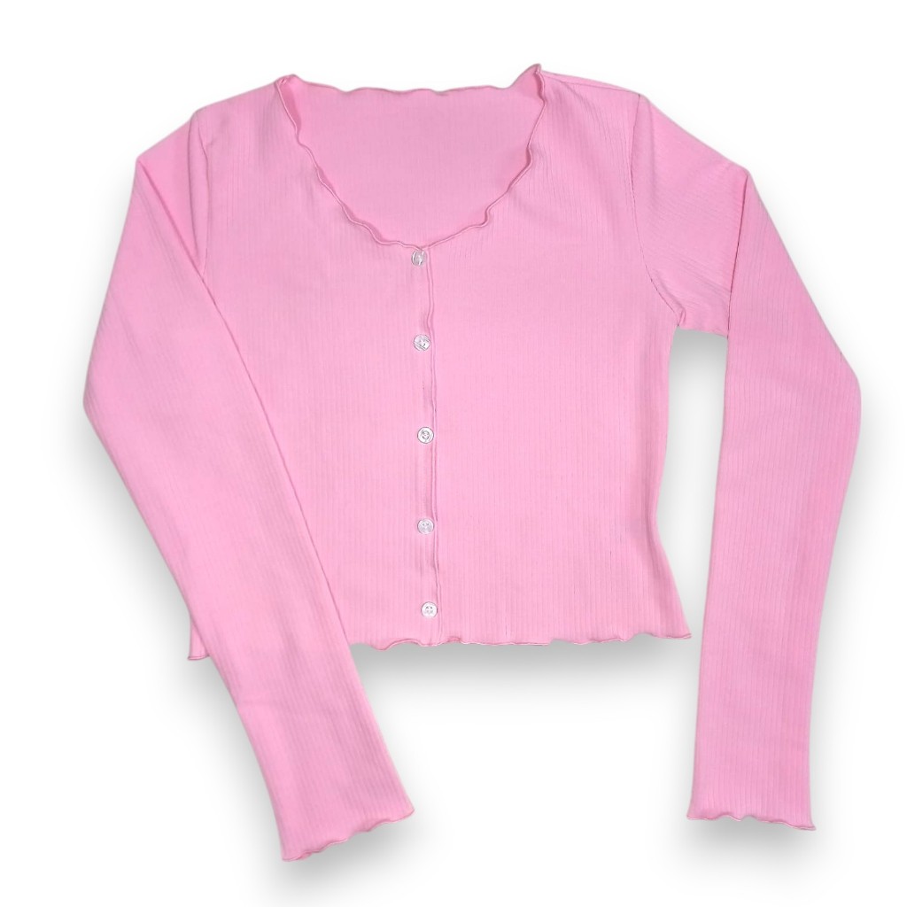 Blusa Cropeed Canelado Liso, Casual, Com Frufru Manga comprida y botões