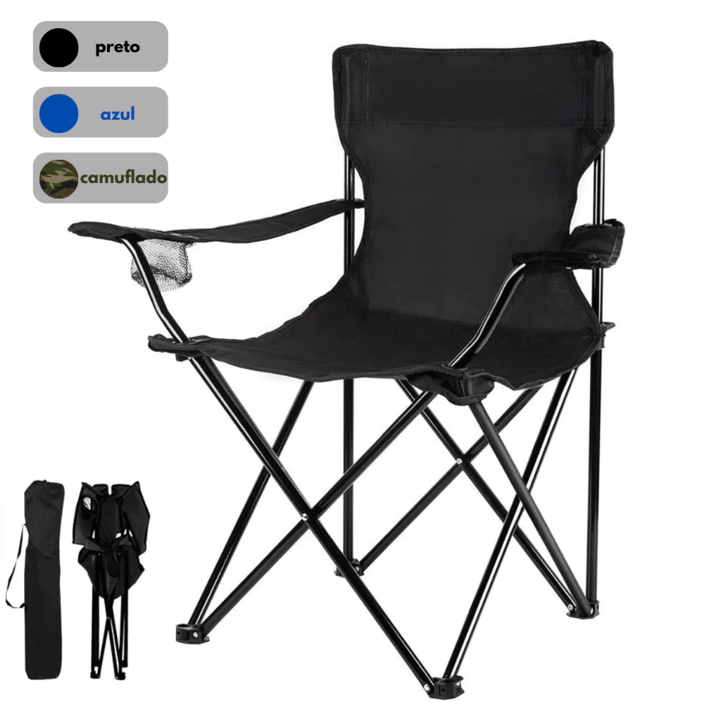 Cadeira Camping Dobrável Com Porta Copos e Bolsa Pesca Praia Acampamento 130kg
