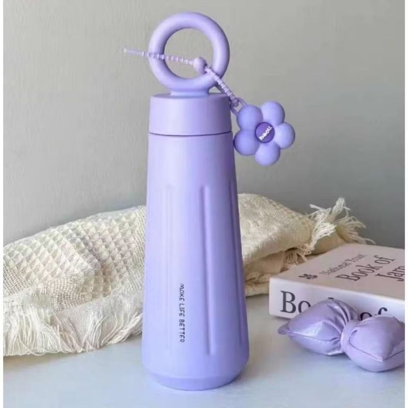 Garrafa de Aço Inoxidável com alça e Chaveiro de Flor 450ml