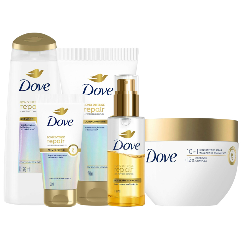 Kit Dove Bond Repair Shampoo 175ml + Condicionador 150ml + Leave-in 50ml + Máscara 250g + Óleo Bifásico 110ml