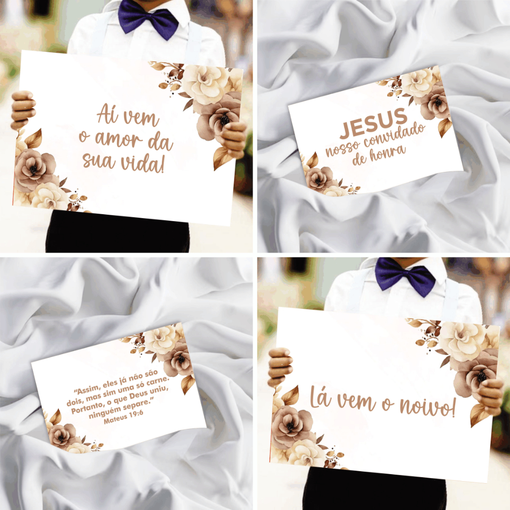 Placa De Casamento Floral Mocha Mousse / Marrom - Plaquinha Decorativa Entrada Noiva Noivo Pajem Daminha Cortejo