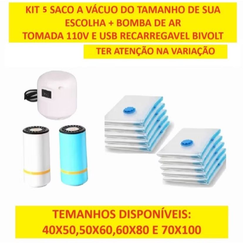 Conjunto Kit 5 Sacos A Vacuo Com A Bomba Recarregável Bivolt Ou Elétrica 110v Diversos Tamanhos