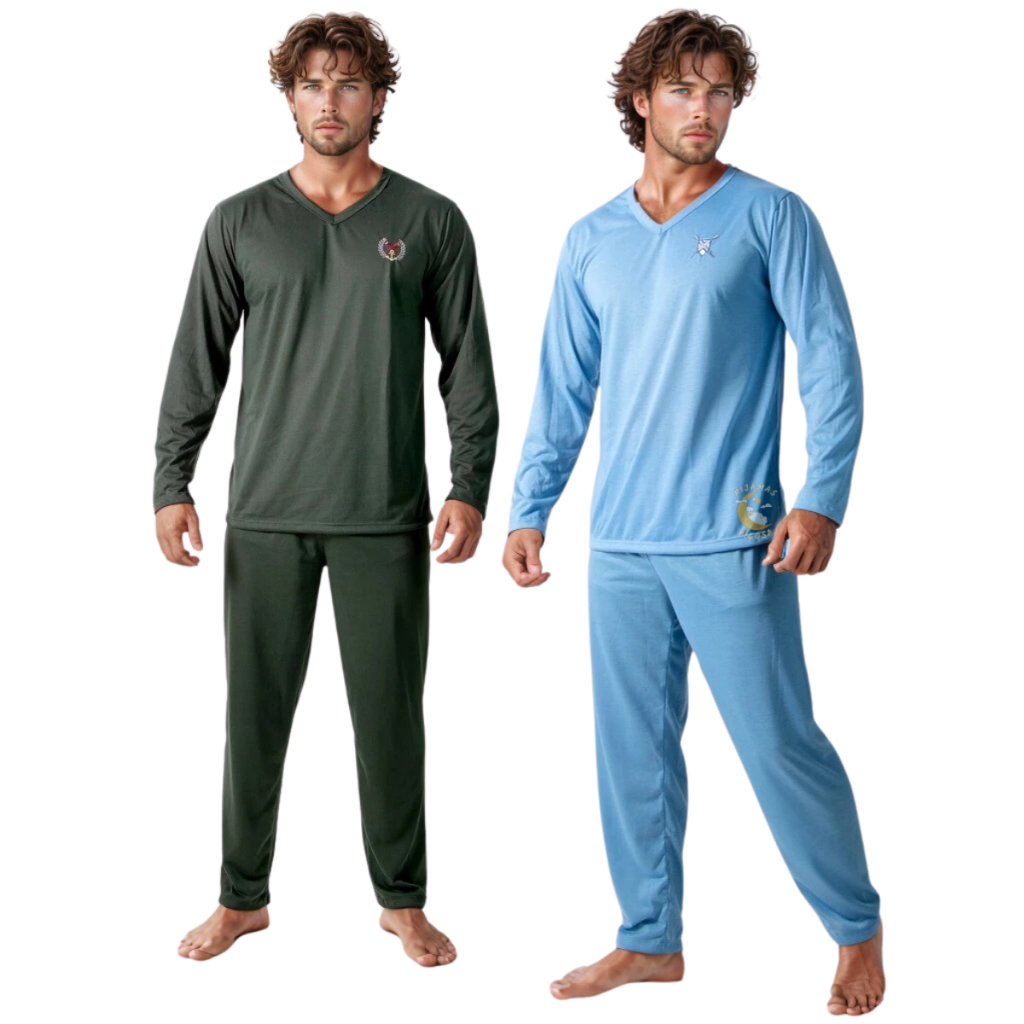 Kit 2 Pijamas Masculino de Inverno Manga Longa Fechado Calça Conjunto de Frio