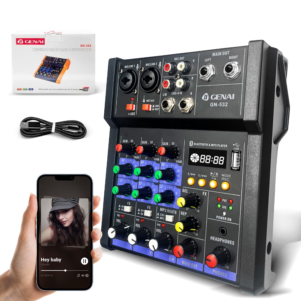 【GENAI】Mini mixer TEYUN-4 canais, placa de som profissional, entrada USB, fonte de alimentação de 48V