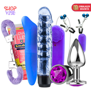 Kit Sex Shop Vibrador Feminino Plug Anal Estimulador Mamilo Algemas Golfinho Lubrificante Íntimo em Oferta na Shopee