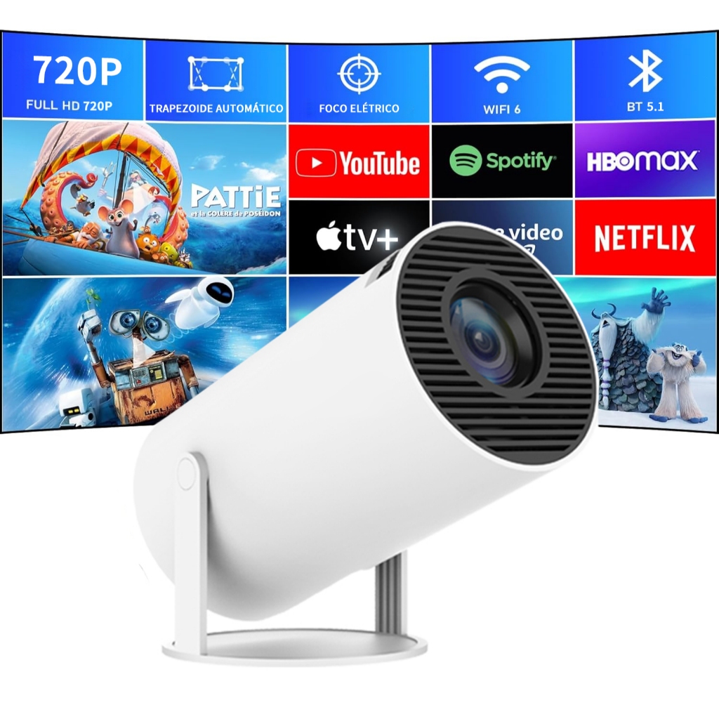 Projetor Portátil Mini HY300 4K Android 13 WiFi 6 Bluetooth Ajuste Automático Trapézio 30-150''
