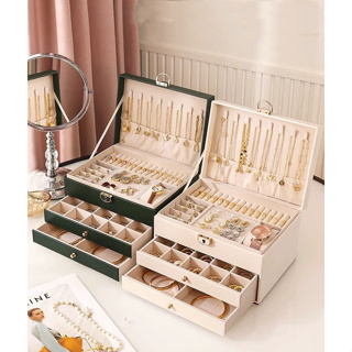 Caixa de Joias de 3 Camadas Com 2 Gavetas couro Luxuoso Grande Caixa Organizadora de Joias com Chave em Oferta na Shopee