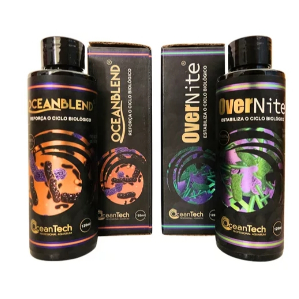 Kit Oceantech - Ocean Blend 120ml + Over Nite 120ml tratamento para aquários água Doce e Marinho