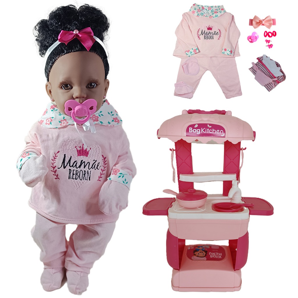KIT Boneca Negra Bebê Mamãe Reborn 45cm + Mini Cozinha em Oferta na Shopee