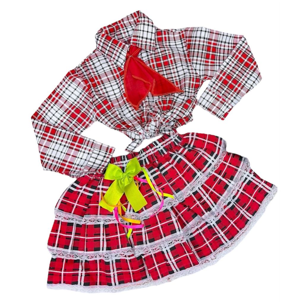 Conjunto Junino Xadrez Vermelho Infantil Menina Roupa Festa Junina Arraial Blusa Cropped Camisa Manga Longa e Saia