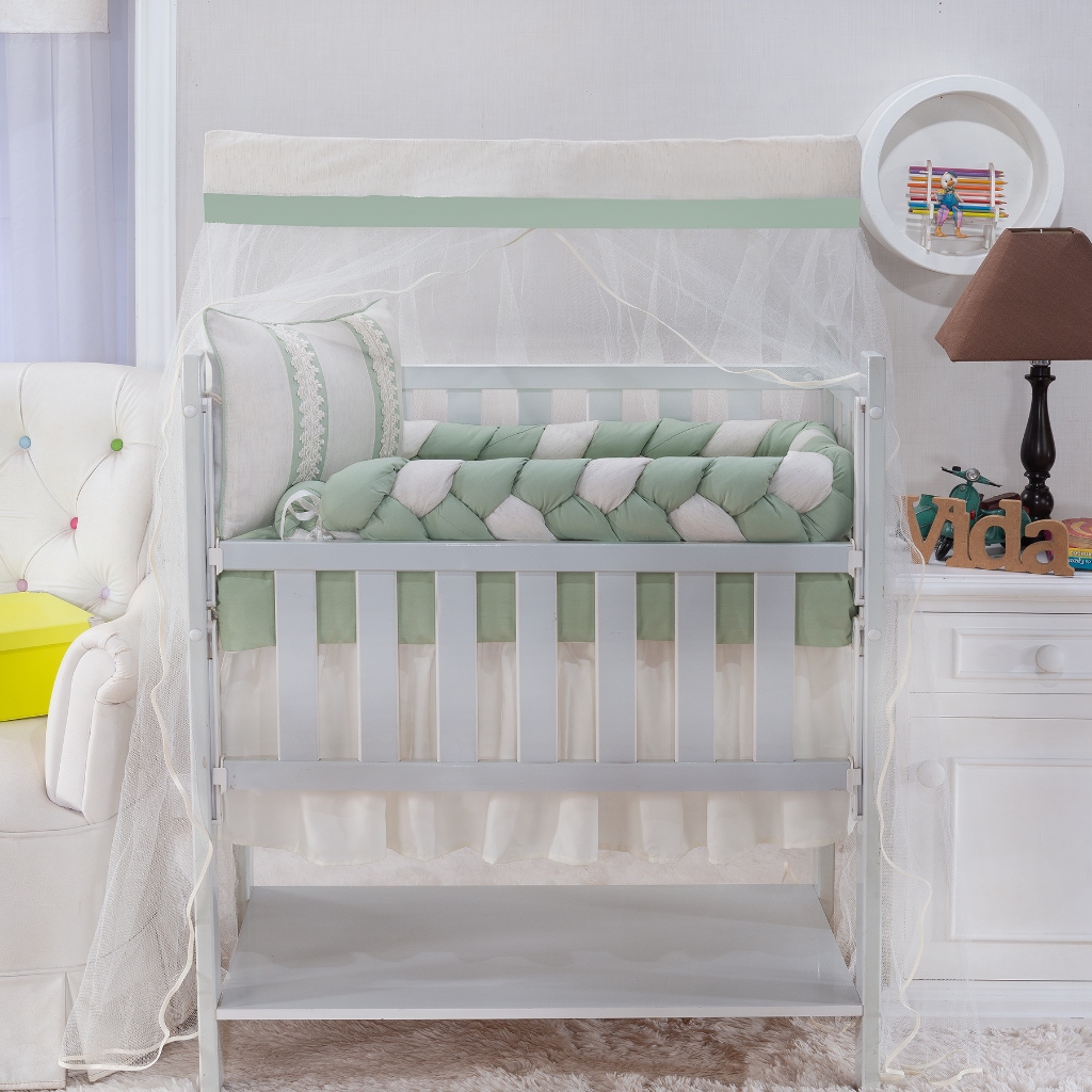 kit para mini berço fiorence verde com 8 peças em tecido de algodão