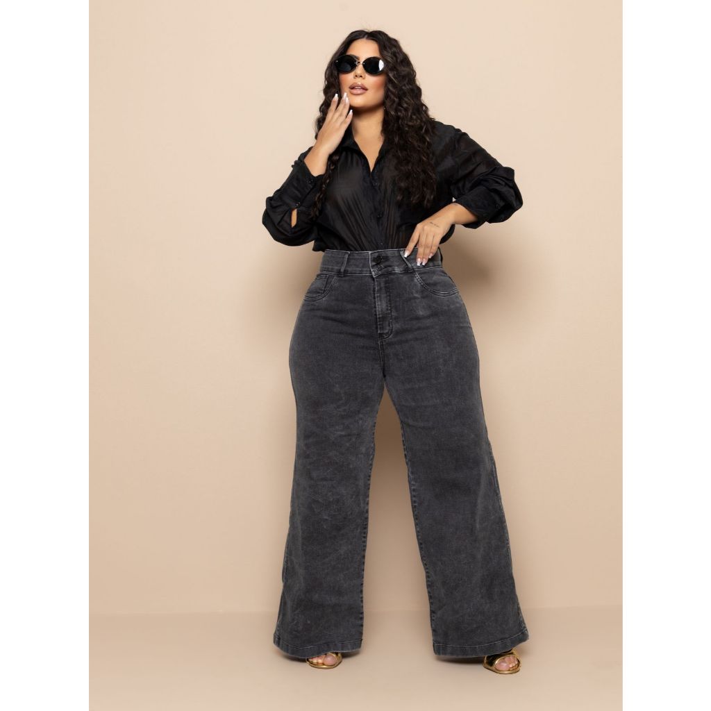 Calça jeans pantalona plus size cós alto duplo tendência vintage lycra premium em Oferta na Shopee