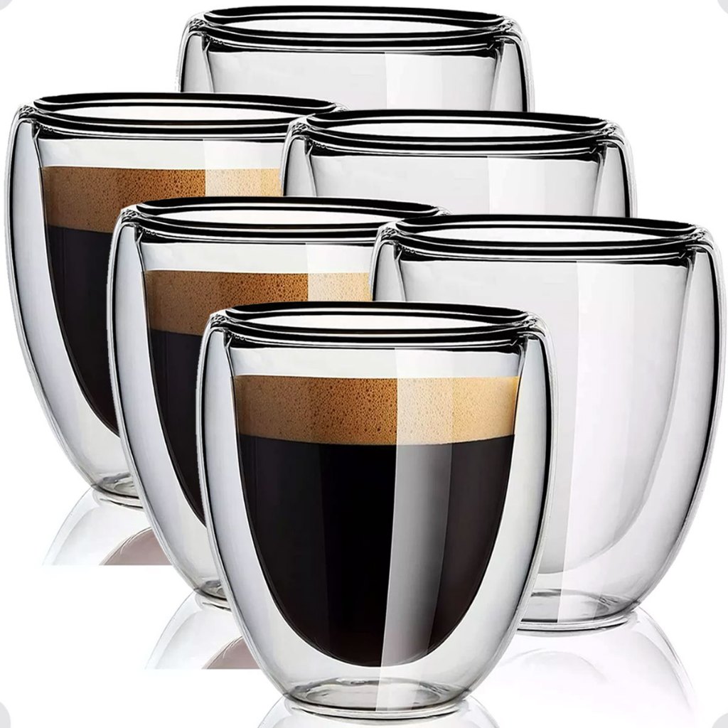 Conjunto 6 Copos Parede Dupla de Vidro 100 ml para Café Chá Suco Copo Duplo Isolante
