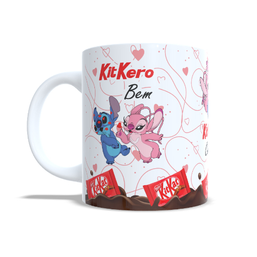 Caneca Presente Páscoa Stitch Kit Kat Angel Xícara Porcelana ou Plástico Personalizado Chocolate Criança Adulto Linda