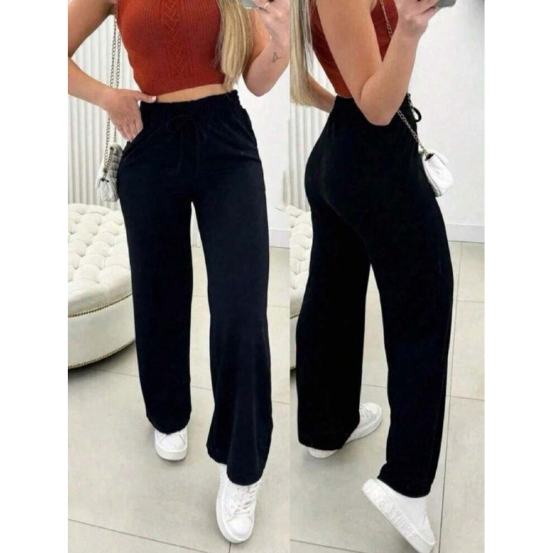 Calça Gringa Feminina Moletom Pantalona Cintura Alta com Bolso Tecido Lanzinha