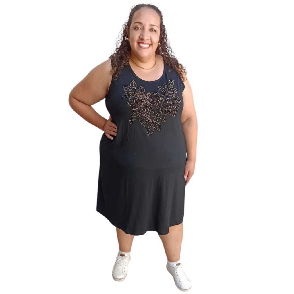 Vestido Regata Modelo Clássico 40 ao 64 (M ao G10) Plus Size em Tecido Viscolycra Pedraria Flores