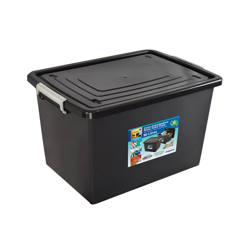 Caixa Organizadora Multiuso Preta de 56 Litros com Tampa e Travas em Oferta na Shopee