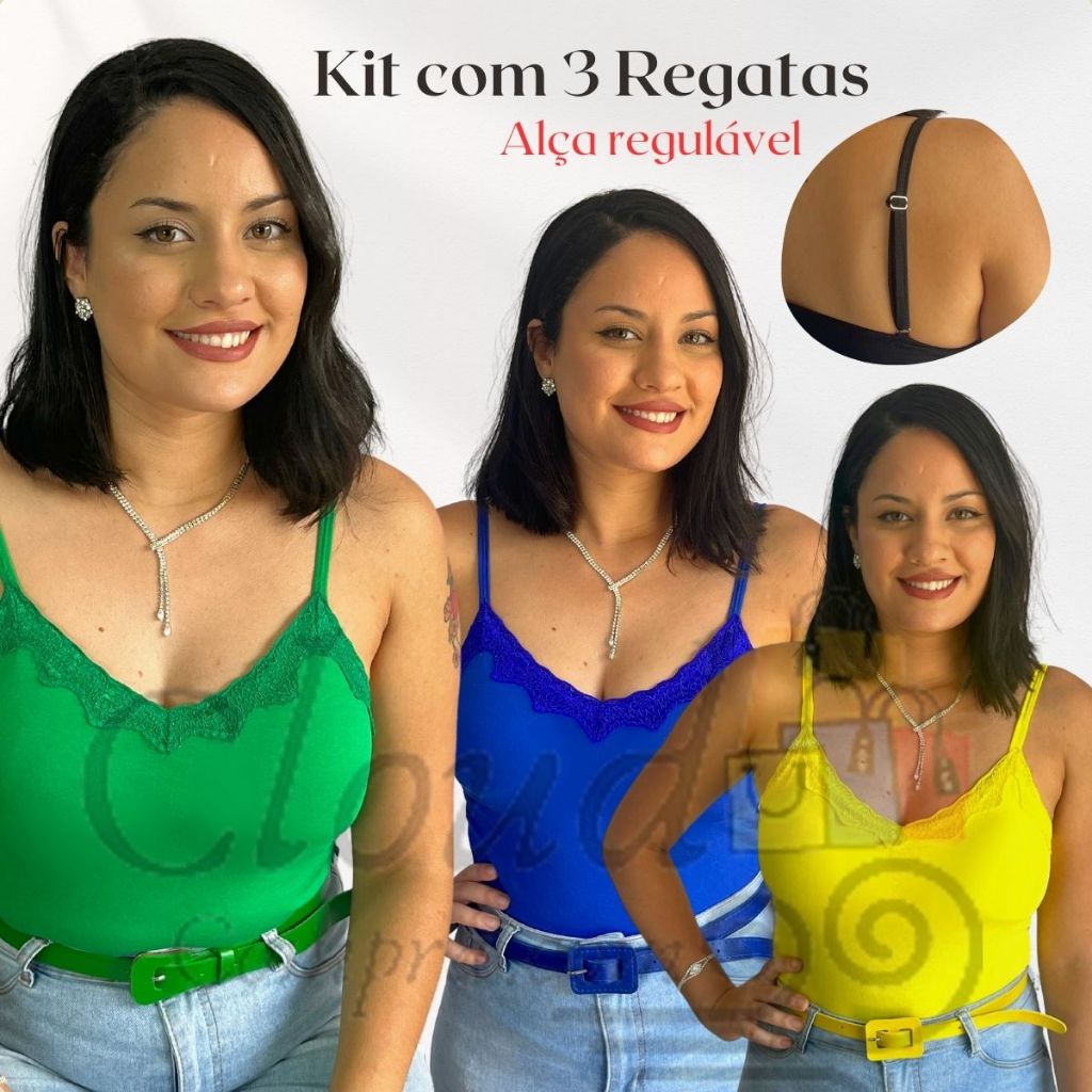 Kit com 3 Regata Feminina Renda com Bojo e Alças Reguláveis Blusa Blusinha Feminina de Alcinha