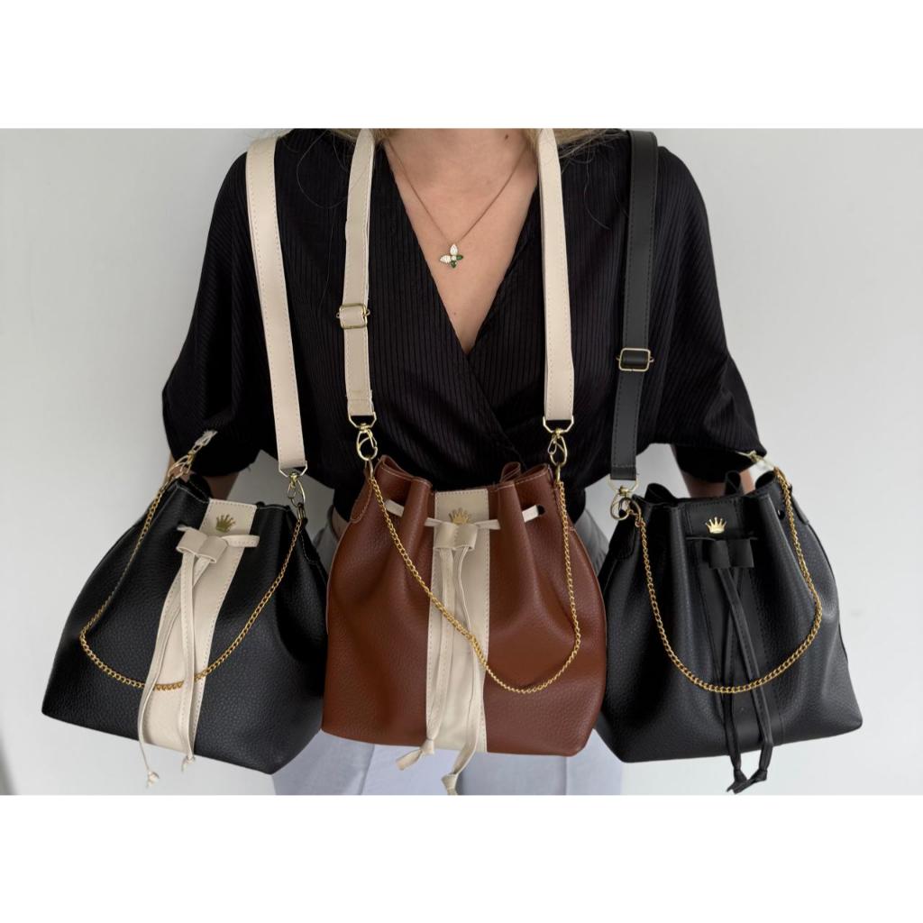 Bolsa Kit Saco Vegas Alça Ombro/De Mão Corrente Fechamento em Cordão + Porta Documentos Elegante