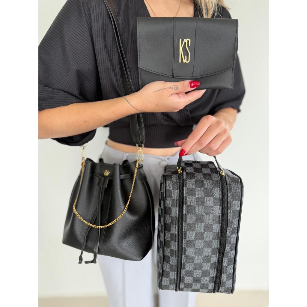 Kit Bolsa Saco Vegas Alça Transversal e Alça de Mão Corrente + Necessaire Grande + Porta Documentos