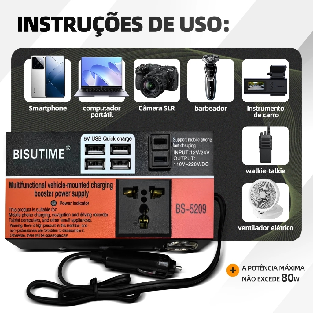 Conversor De Potência Veicular Inversor Com 200W De Potência Dc 12v/24v para 110v/220v