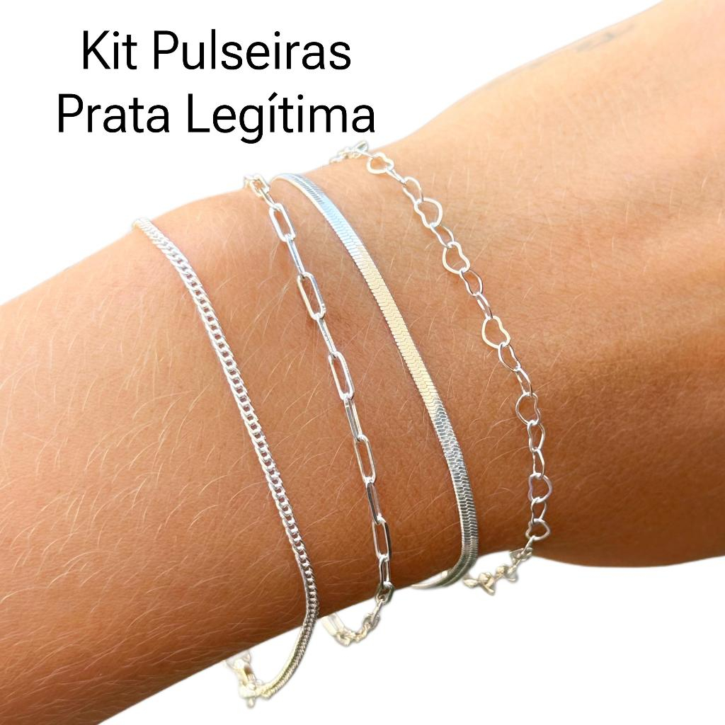 Kit de Pulseira Prata 925 Legítima Feminina Fio Liso Metalizado Bolinhas