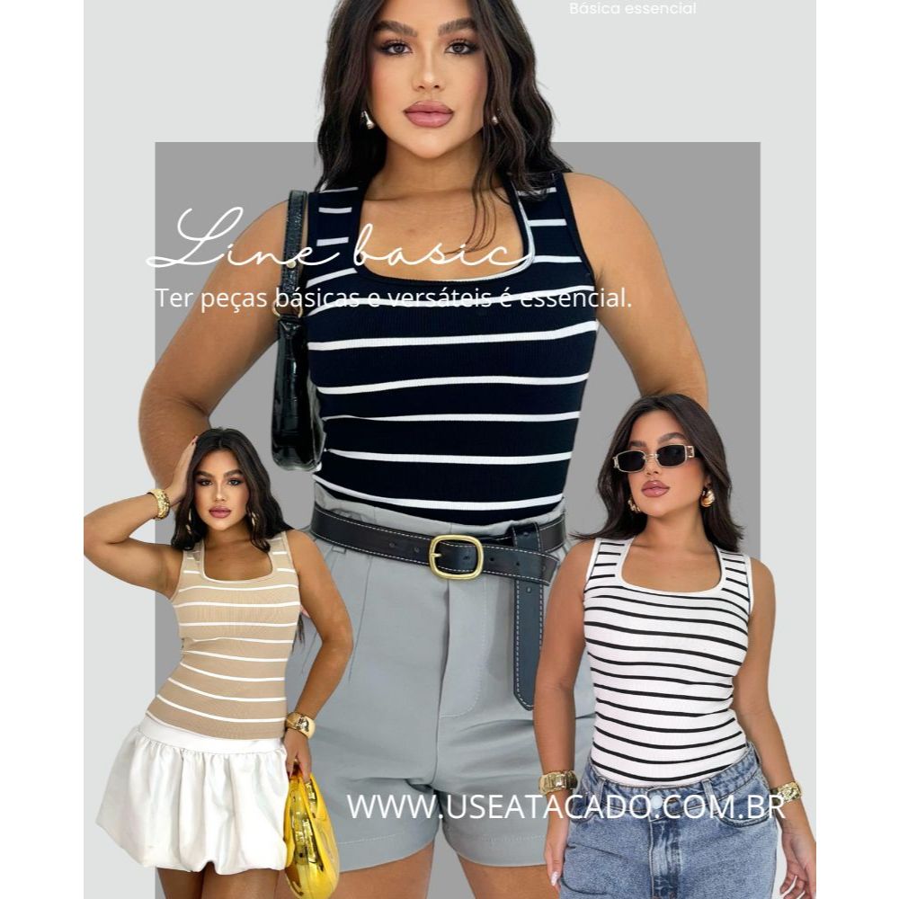 Blusa Casual Listrada de Gola Quadrada Sem Mangas para Mulheres Regata Listras basica