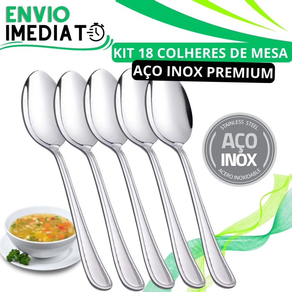 KIT 18 Colher de Mesa GRANDE  Polido Talher de Aço Inox Premium Para Casa Cozinha Restaurante Padaria Sopa Caldinho