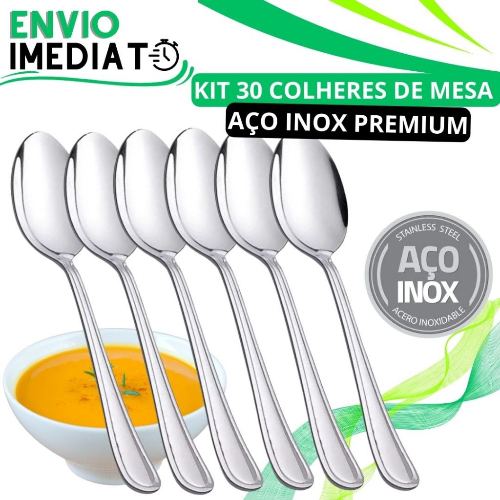 KIT 30 Colher de Mesa GRANDE  Polido Talher de Aço Inox Premium Para Casa Cozinha Restaurante Padaria Sopa Caldinho