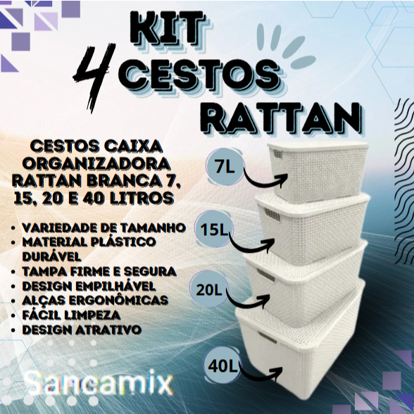 Kit 4 Cestos Caixa Organizadora Rattan Variados – Branco com Tampa Empilhável 7, 15, 20 e 40 Litros Arqplast Toy
