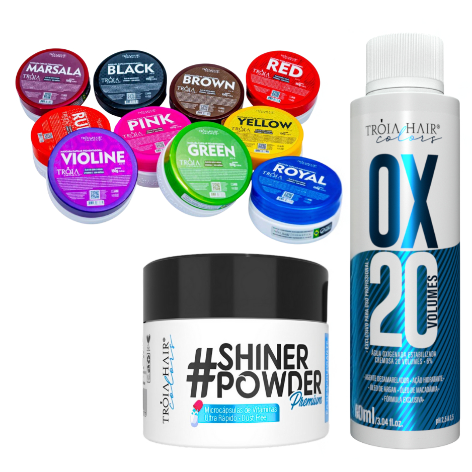 KIT DESCOLORANTE 50 g + OX 90 ml + COLORAÇÃO FANTASIA 150 g — TRÓIA HAIR