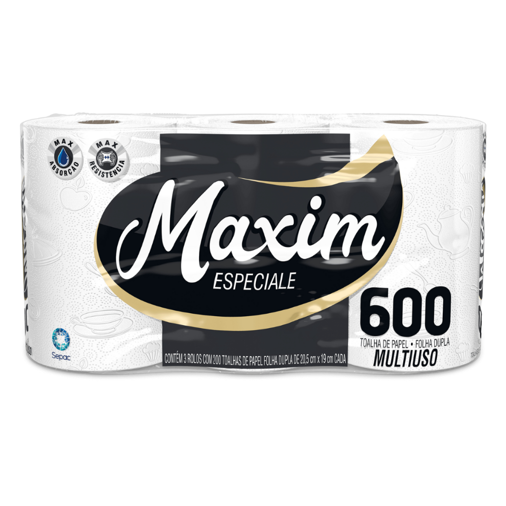 Rolo de Papel Toalha Multiuso para Cozinha Maxim Máxima Absorção 600 Folhas (Folha Dupla)