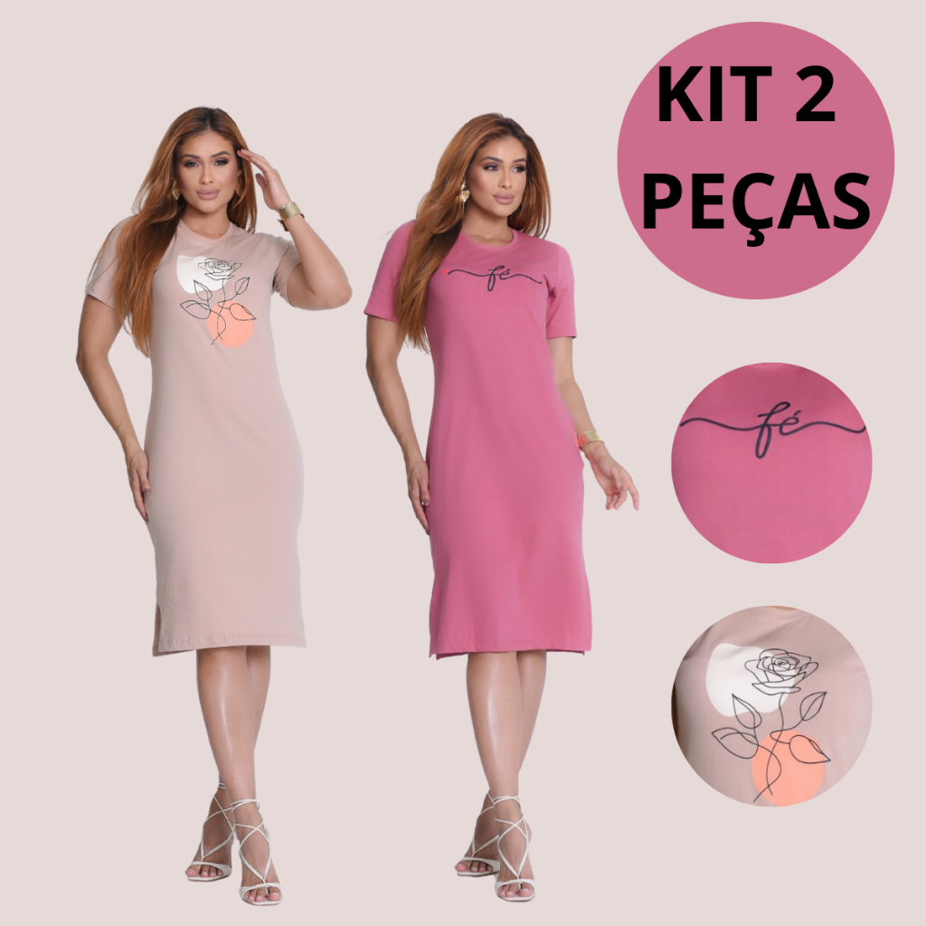 Kit 2 Vestidos Moda Casual Elegante Versátil Básico 100% Algodão Manga Curta Fenda Lateral Com Silk em Oferta na Shopee