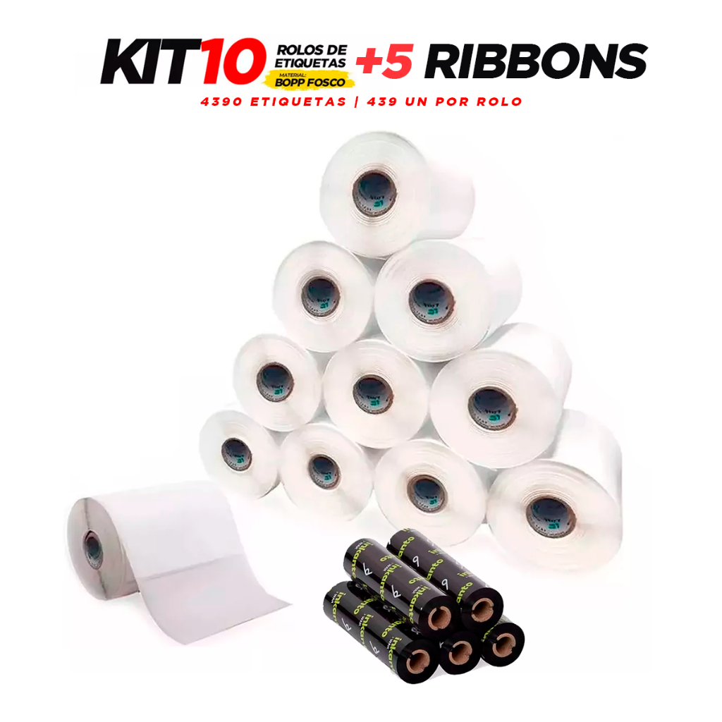 10 Rls Etiqueta 100x70 10x7 Bopp Adesiva Zebra Argox Elgin + 5 Ribbon Misto