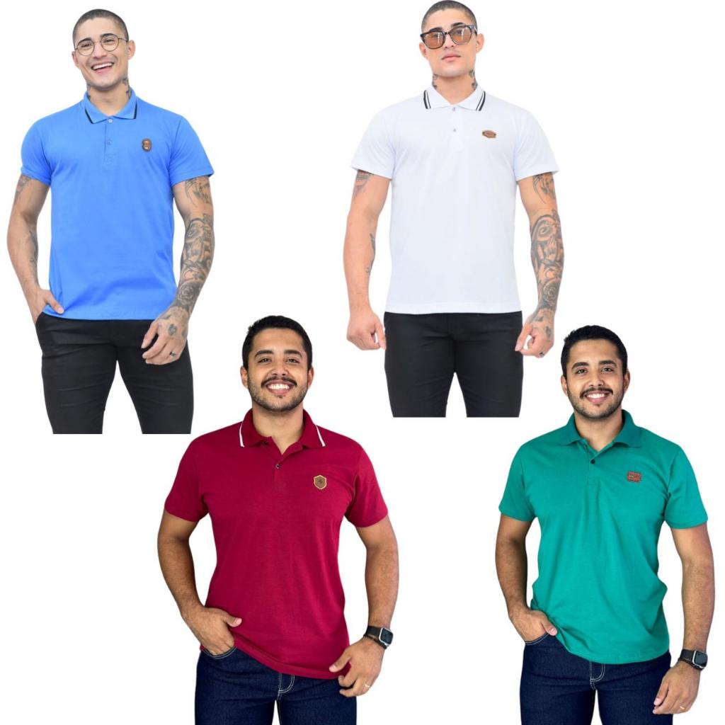 KIT 4 CAMISA CAMISETA GOLA POLO BORDADA ALGODÃO MALHA FIO 30 MANGA CURTA MODA MASCULINA PLUS SIZE ESTILO CASUAL BÁSICO