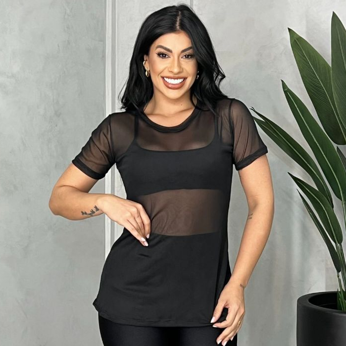 Blusa feminina de tule transparente academia fitness, camisão fitness