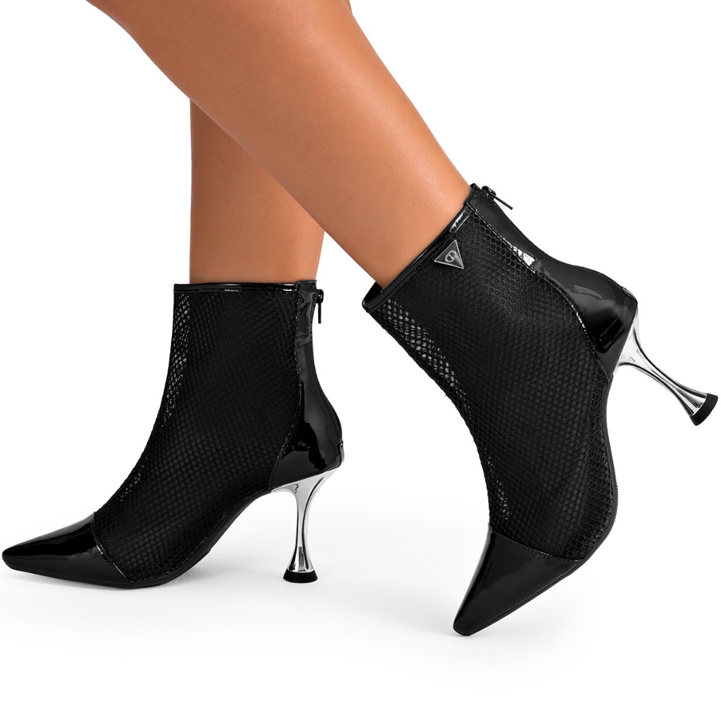 Bota Feminina Lumiss Tela Cano Curto Salto Alto Fino Metalizado Bico Fino Preto