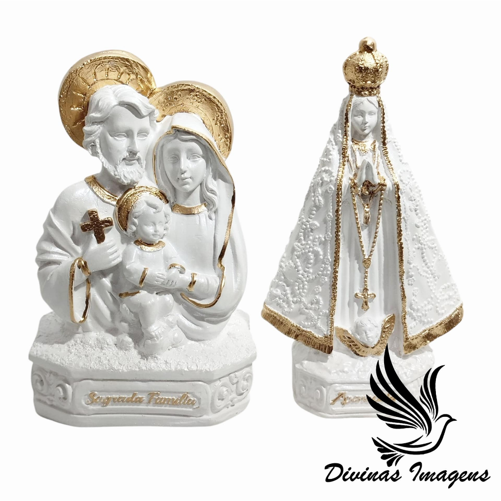 2 Imagens – Sagrada Família Busto 15cm Branco Perolado + Nossa Senhora Aparecida Italiana 15cm Branco Perolado
