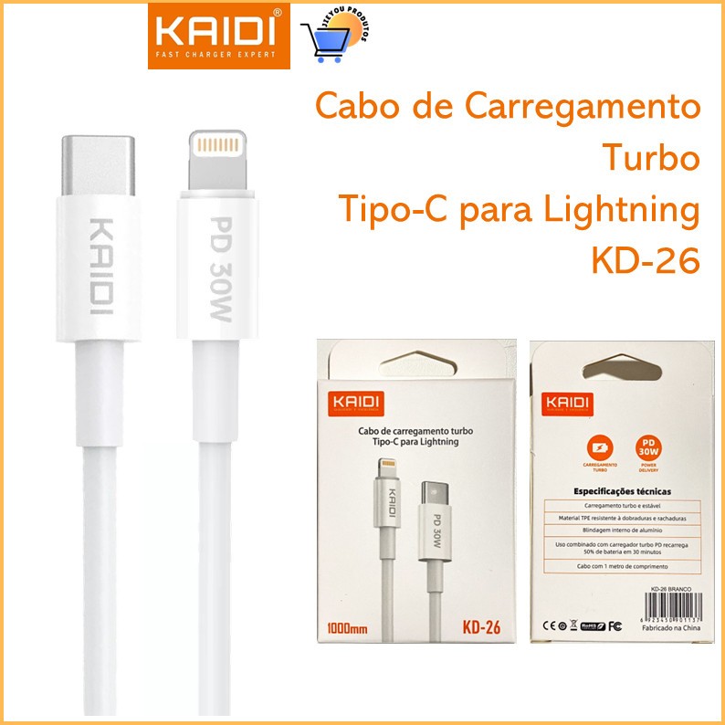 Cabo de Dados e Carregamento Turbo Tipo-C para Lighting KAIDI KD-26 Potência Máxima: 30w em Oferta na Shopee