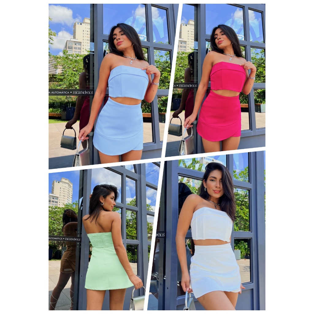 SJD MODA LADY solido conjunto alfaiataria tomara que cai top cropped e saia em Oferta na Shopee