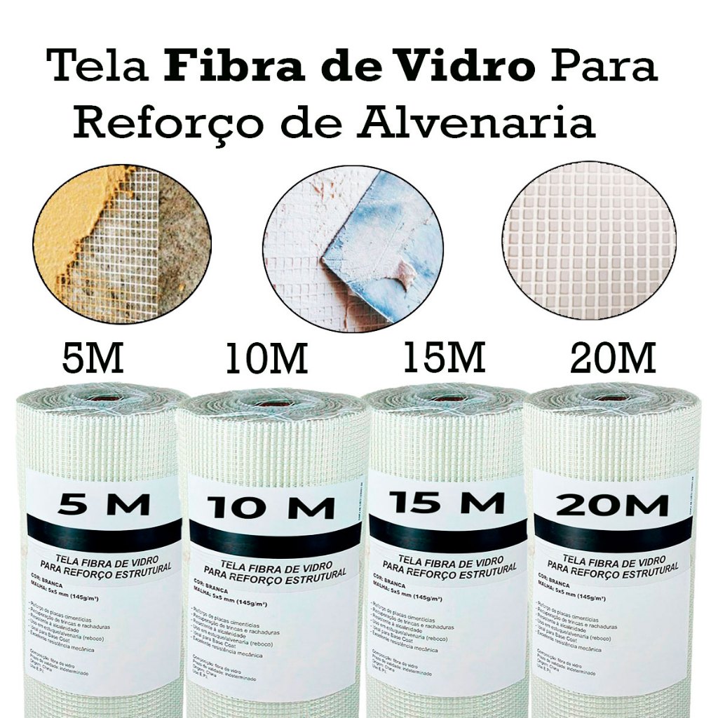 Tela Fibra De Vidro Construção Reforço Alvenaria 5M/10M/15M/20M